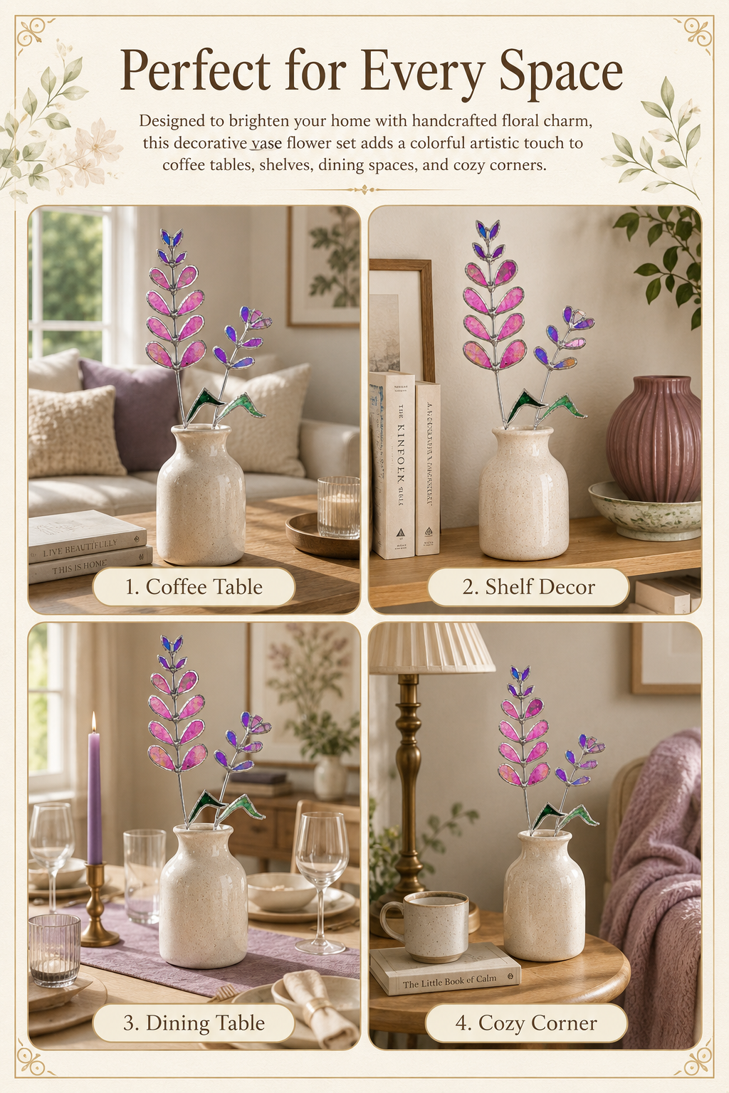 Flower Decor Handmade Stained Glass : Purple & Pink Iridescent Floral Plant Stake