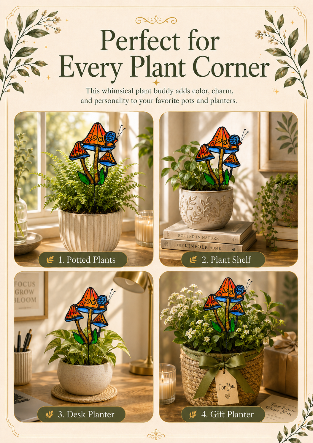 Stained Glass Plant Stake – Mushroom & Snail Garden Decor