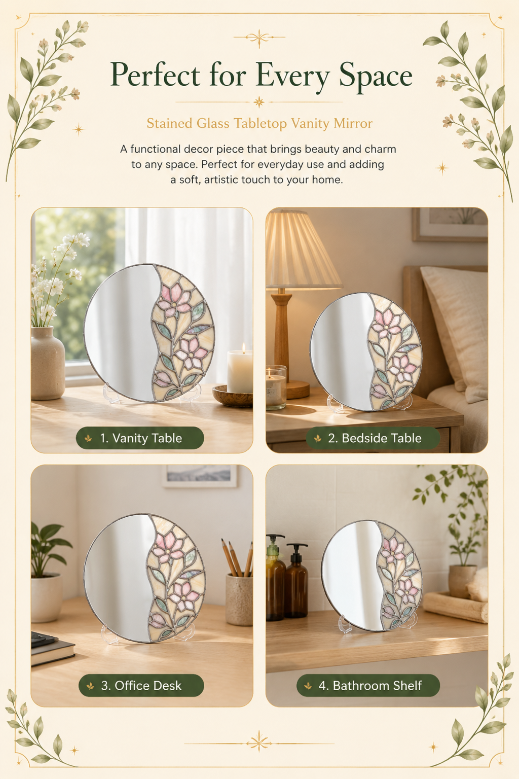 Tabletop Vanity Mirror Stained Glass Handcrafted Iridescent Flower Suncatcher Desktop Makeup Art Gift