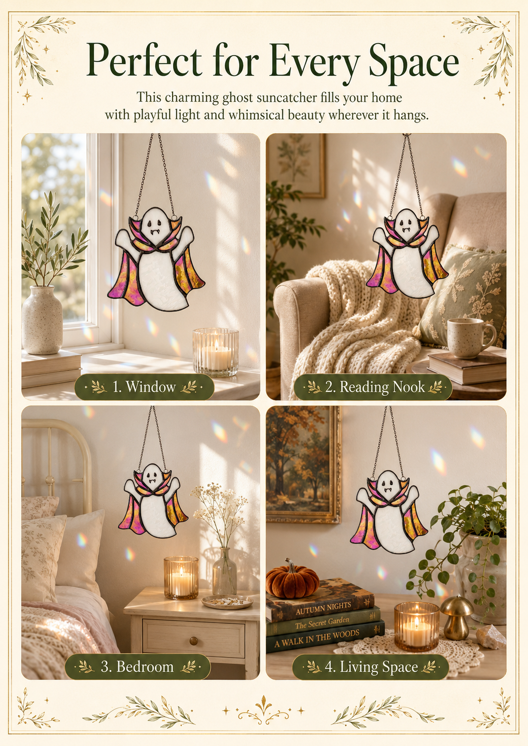 Ghost Suncatcher Handmade Stained Glass: Iridescent Cape Window Decoration