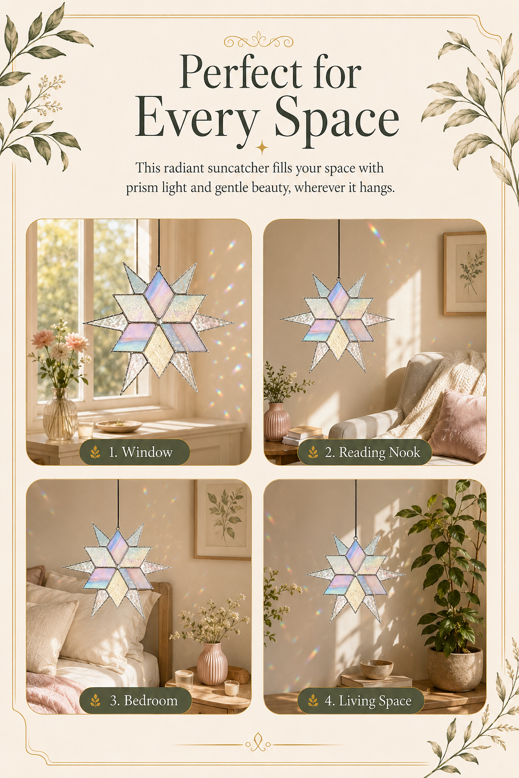 Stained Glass Sirius Star Suncatcher Handmade White and Ice Iridescent Glass Home Window Decor
