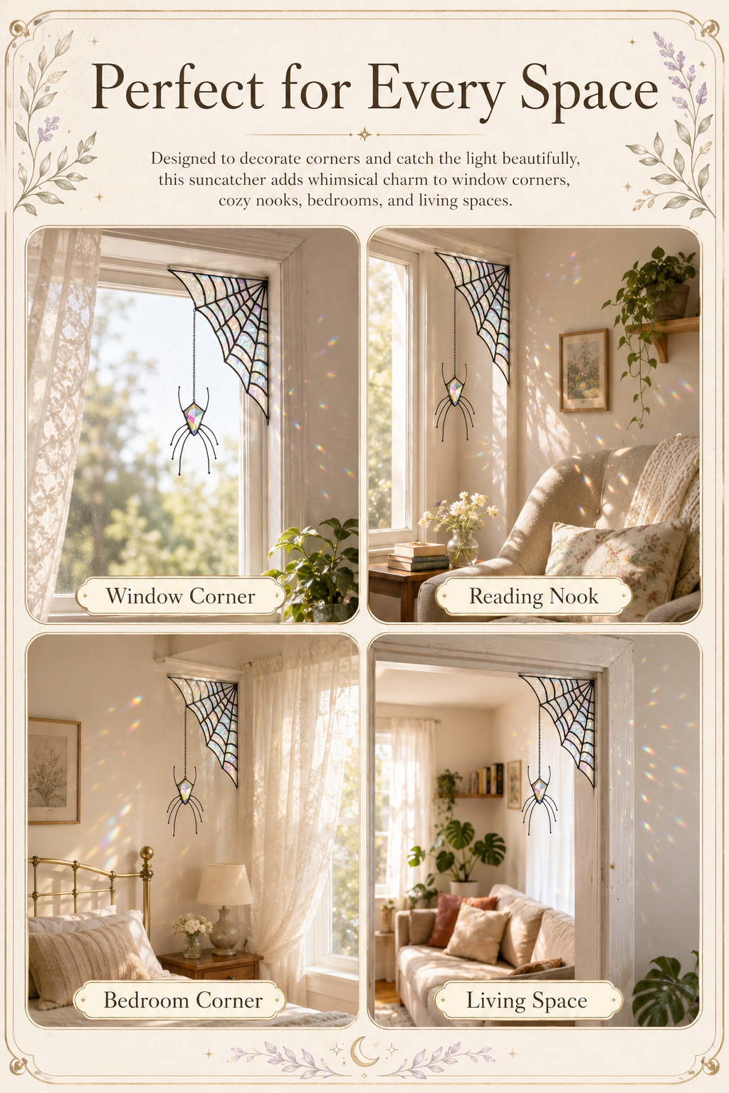 Spider Web Stained Glass Suncatcher: Corner Window Hanging, Gothic Halloween Spider Prism Art