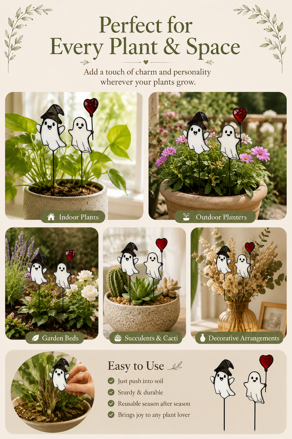 Handmade Stained Glass Ghost Plant Stake: Halloween Pot Decor