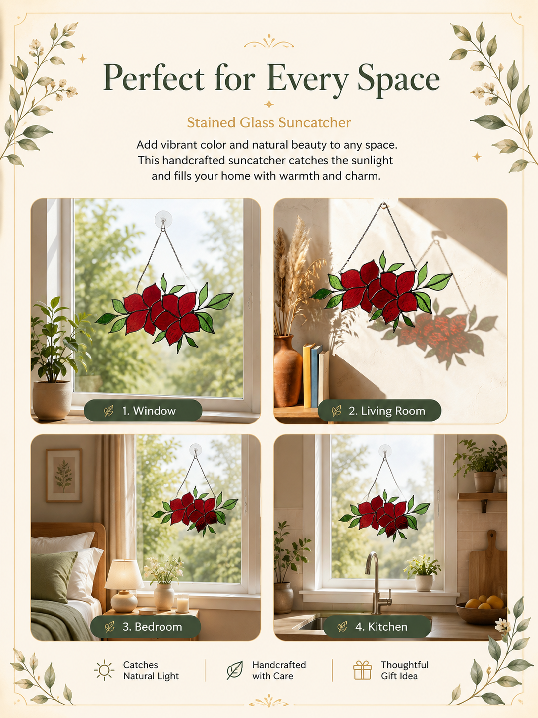 Handmade Stained Glass Red Floral Wall Hanging, Botanical Suncatcher Window Decor