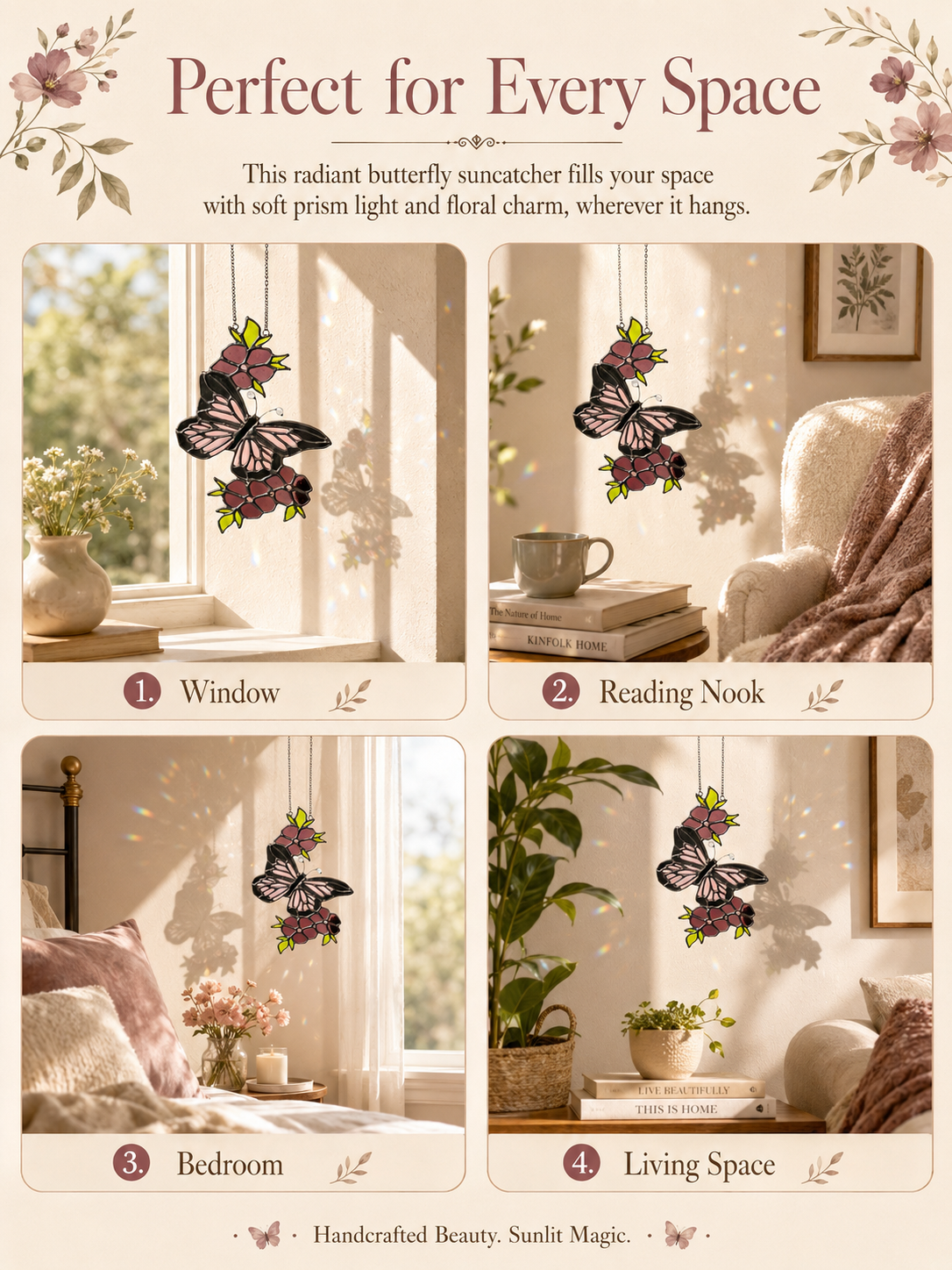 Butterfly Suncatcher Handmade Stained Glass, Pink Wings, Floral Art, Window Hanging Home Decor