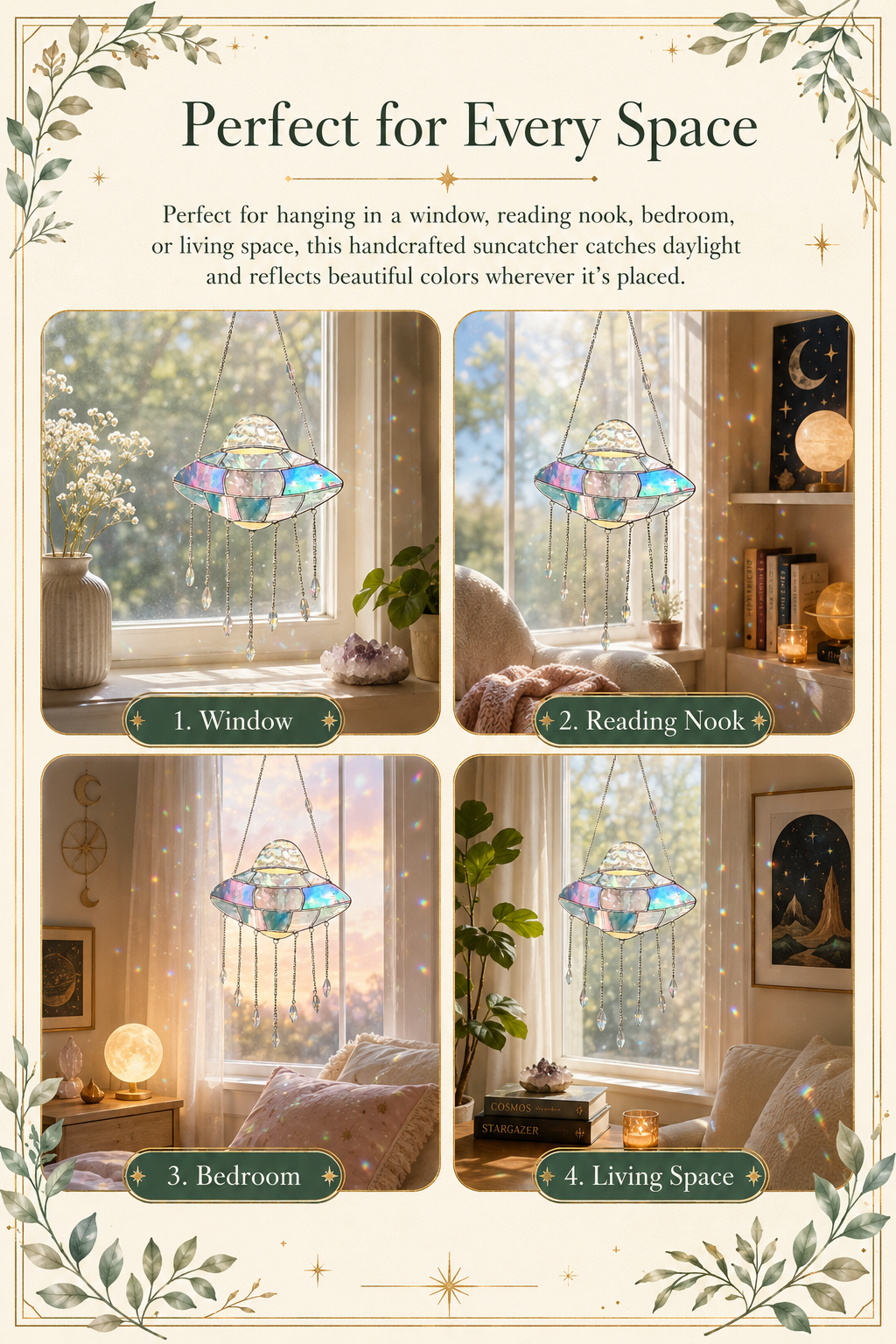 UFO Stained Glass Suncatcher: Alien Spaceship Window Hanging, Crystals Science Fiction Decor