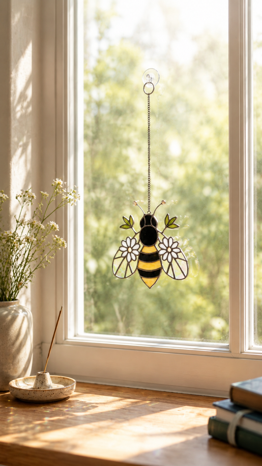 Bumblebee Stained Glass Suncatcher with Flowers: Iridescent Bee Window Hanging, Nature Art