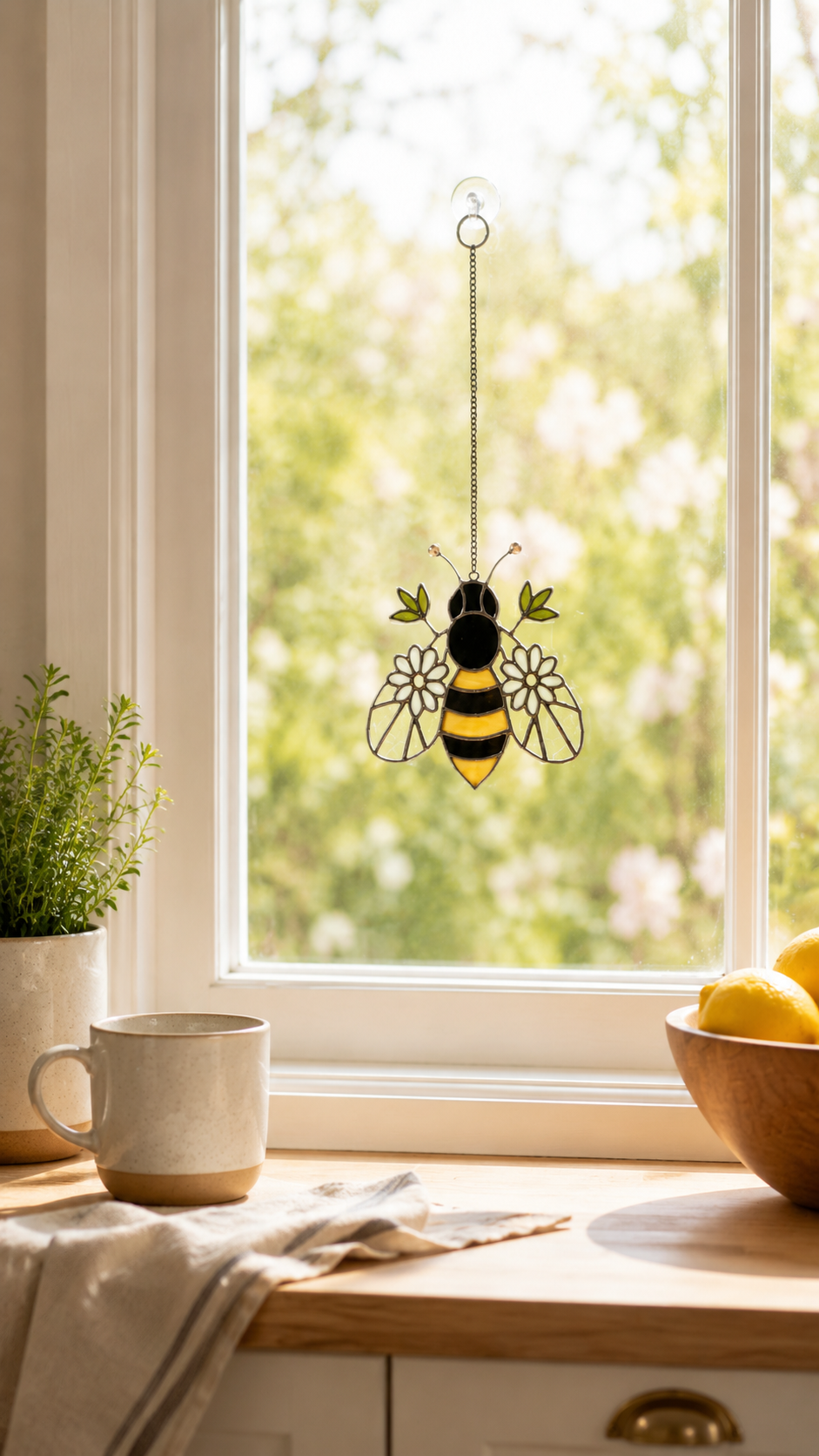Bumblebee Stained Glass Suncatcher with Flowers: Iridescent Bee Window Hanging, Nature Art